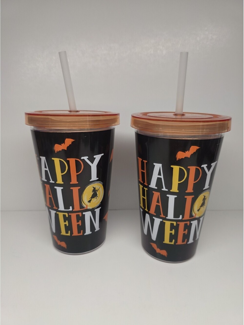 Halloween Tumblers 2-Pack Reusable Cups With Lids Straws Black Orange